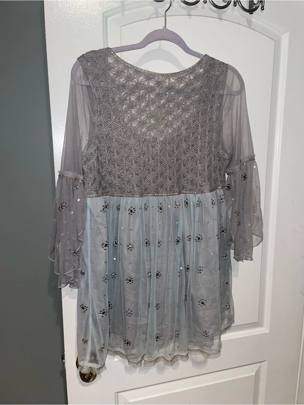 Free People Ethereal Sheer Embroidered Beaded Boho Babydoll Tunic Top 💙✨ L NWT!